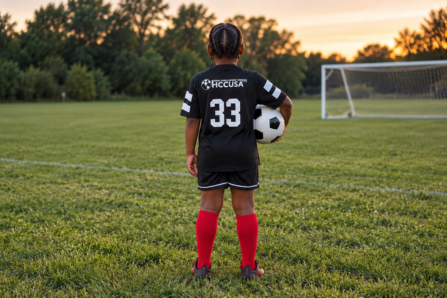 A young Lord's Gym Youth Athletics player holding a soccer ball on the field at sunset, wearing a team jersey with sponsor logo on the back